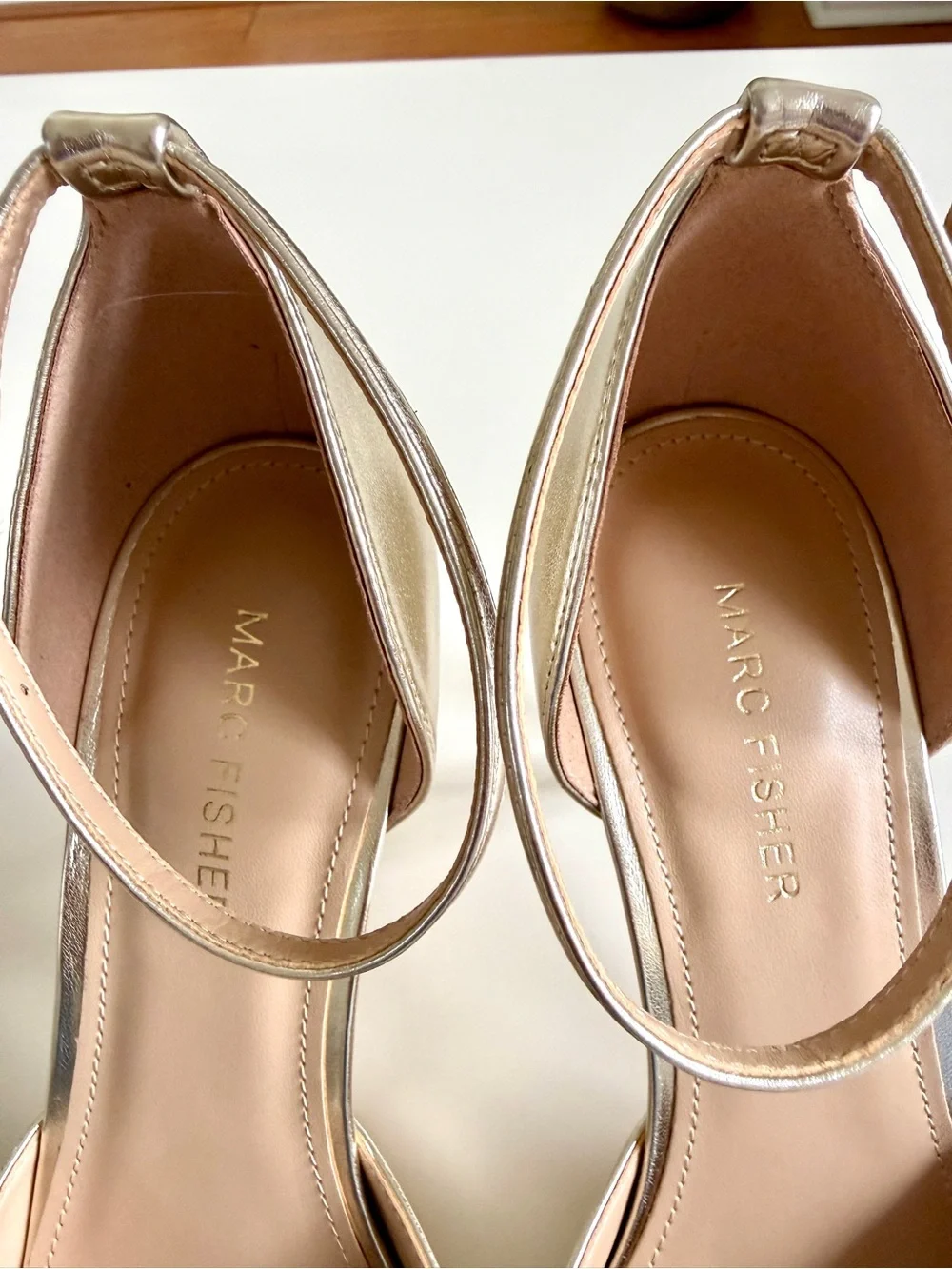 Marc Fisher Gold Pointed-Toe Ankle Strap Heels